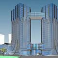 Tall Modern Office Building With Glass Facade Connected At Top And Surrounded By Roads Pedestrians