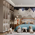 Kids Room Interior Design With Starry Cloud Wall Plush Toys Bed Bookshelves And Desk