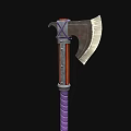 Medieval Battle Axe With Sharp Metal Blade Purple Wrapped Handle And Red Decorative Accents