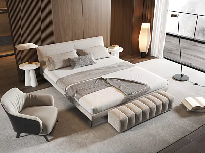 Modern Bedroom Interior With Wooden Walls Bed Nightstands Armchair Bench And Floor Lamp 3d model