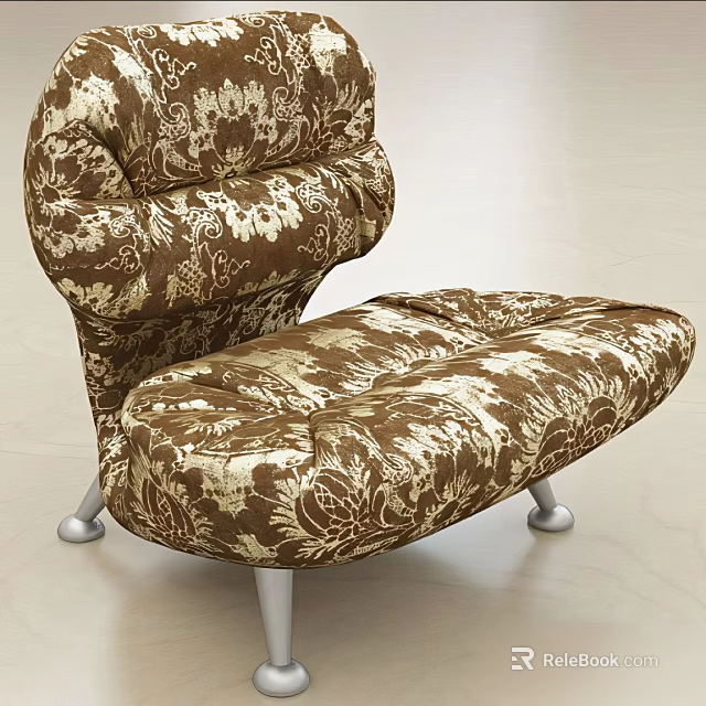 Elegant Single Sofa With Brown Beige Floral Fabric Pattern And Matching Ottoman Design 3d model 