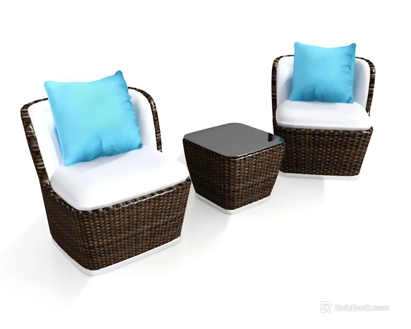 Rattan Single Sofa with White Cushions Blue Pillows and Small Black Side Table 3d model 