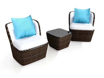 Rattan Single Sofa with White Cushions Blue Pillows and Small Black Side Table 3d model