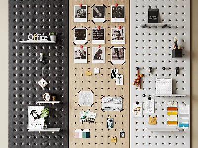 Practical Office Wall Decor With Pegboard Photos Shelves Plants And Decorative Items 3d model