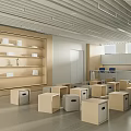 Modern Office Interior Design With Square Seats Large Screen Linear Ceiling And Windows