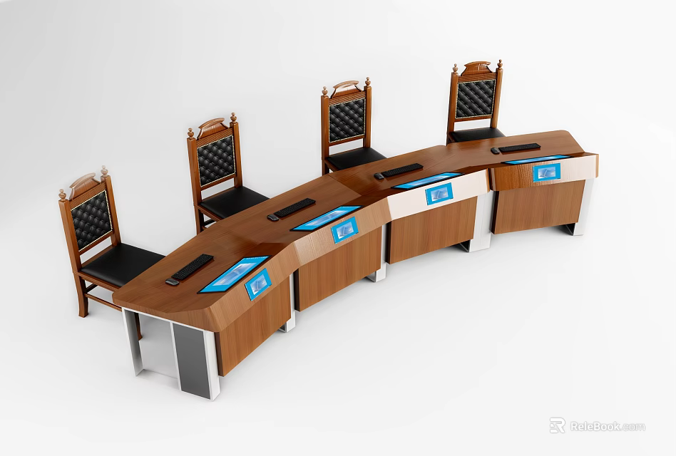 Courtroom Judges Bench With Curved Wooden Table And Blue Sign Chairs 3d model 