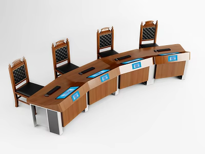 Courtroom Judges Bench With Curved Wooden Table And Blue Sign Chairs 3d model
