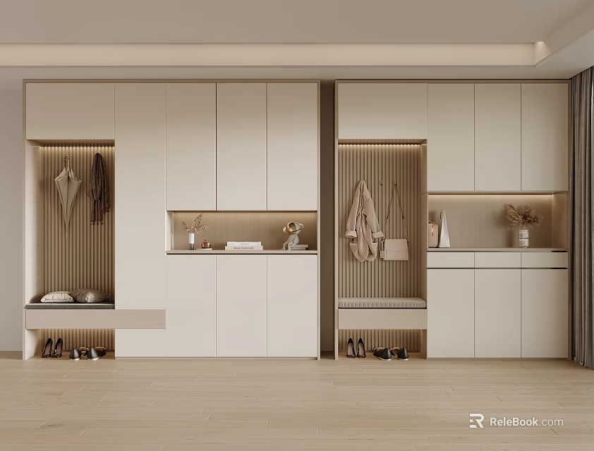 Modern Entryway Shoe Cabinet Design With Open Shelves Coat Hooks And Shoe Bench 3d model 