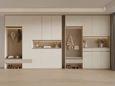 Modern Entryway Shoe Cabinet Design With Open Shelves Coat Hooks And Shoe Bench 3d model
