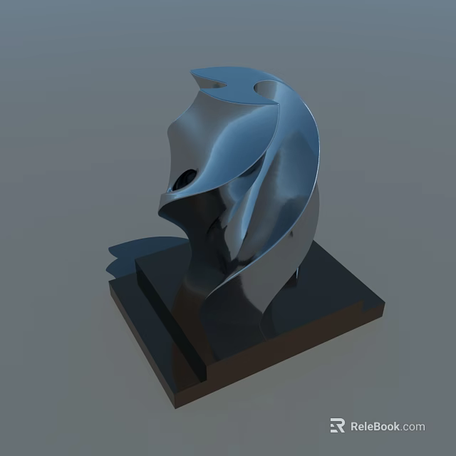 Plaza Landscape Featuring Modern Metallic Sculpture With Sleek Silver Design And Black Square Base 3d model 