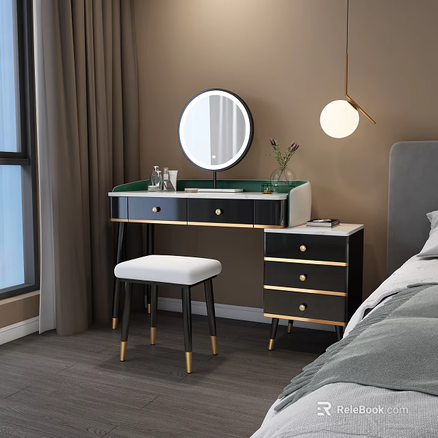 Modern Black And Gold Dressing Table With Round Mirror And Upholstered Stool In Bedroom 3d model 