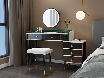 Modern Black And Gold Dressing Table With Round Mirror And Upholstered Stool In Bedroom 3d model