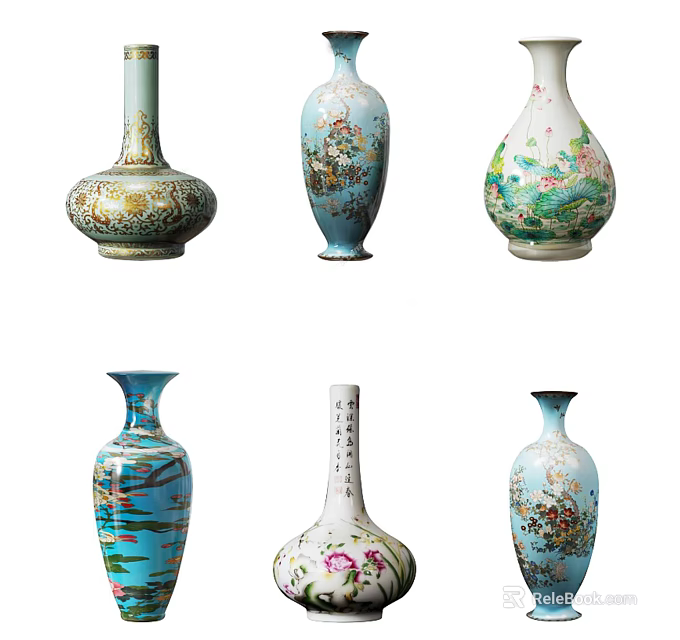 Ceramic Vessels Featuring Various Artistic Painted Floral And Landscape Patterns 3d model