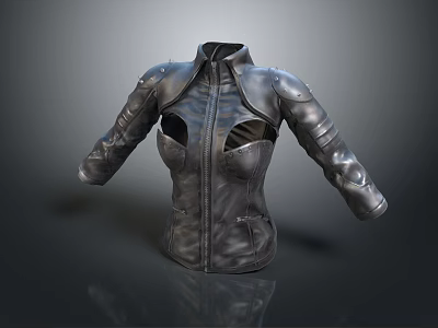 Black Leather Jacket With Shoulder Armor And Front Cutout Zipper Design 3d model