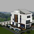Modern Single Family Villa Exterior With Large Glass Windows Courtyard And Mountain View