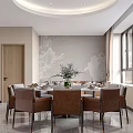 Elegant Private Dining Room with Round Table Brown Chairs Patterned Wall and Window 3d model