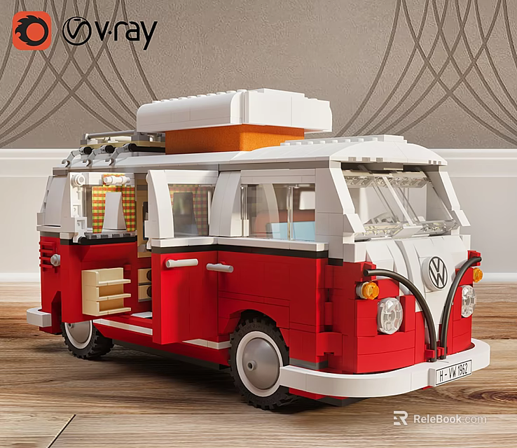 Red And White Lego Toy Volkswagen Van With Open Doors Interior Details On Wooden Floor 3d model 