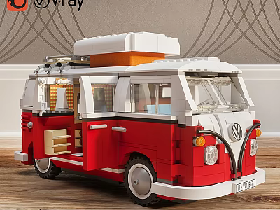 Red And White Lego Toy Volkswagen Van With Open Doors Interior Details On Wooden Floor 3d model