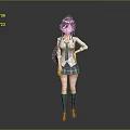 3D Anime School Girl Character With Long Hair White Blouse Blue Plaid Skirt Green Socks