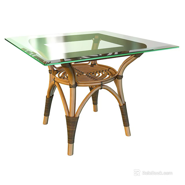 Stylish Square Dining Table With Transparent Glass Top And Natural Rattan Legs 3d model 