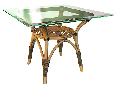 Stylish Square Dining Table With Transparent Glass Top And Natural Rattan Legs 3d model