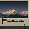 Modern TV Stand with Flat Screen TV Mountain Landscape and Decorative Items