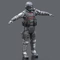Man In Protective Suit Helmet Gas Mask And Tactical Gear Standing With Arms Outstretched