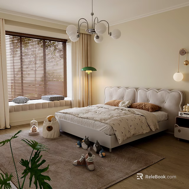 Cozy Bedroom Interior With White Bed Wooden Blinds Chandelier Rug And Stuffed Toys 3d model 