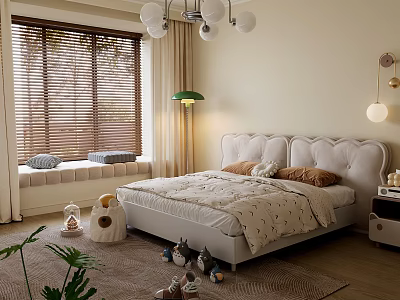 Cozy Bedroom Interior With White Bed Wooden Blinds Chandelier Rug And Stuffed Toys 3d model