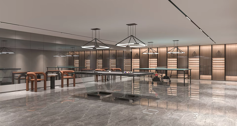 Stylish Modern Billiard Room With Sleek Tables And Elegant Lighting Fixtures 3d model 