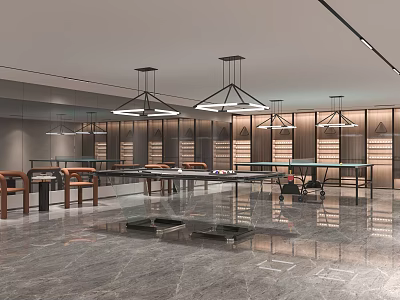 Stylish Modern Billiard Room With Sleek Tables And Elegant Lighting Fixtures 3d model