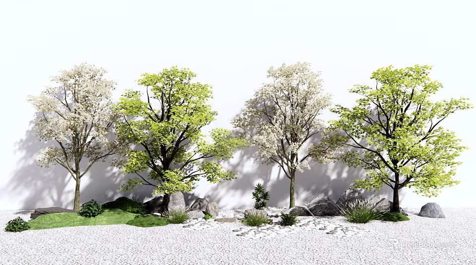 Elegant Arbor Garden Landscape With Green Leaves White Blossoms And Grass Stones 3d model 