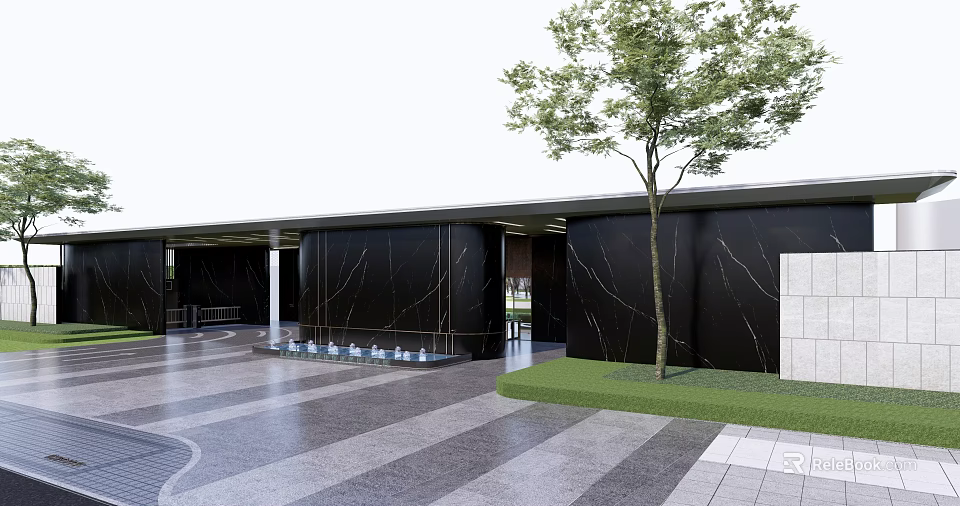 Modern Entrance Gate With Black Marble Walls Water Features And Tree In Paved Area 3d model 