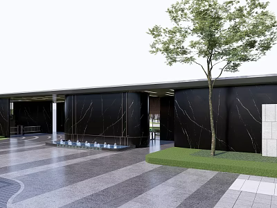 Modern Entrance Gate With Black Marble Walls Water Features And Tree In Paved Area 3d model