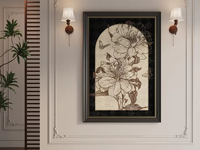 Elegant Botanical Painting On Wall With Black Frame Flowers Butterflies Beige Background And Green Plants 3d model