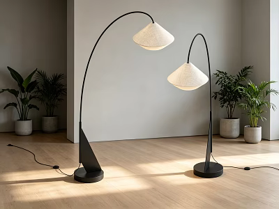 Modern Arched Floor Lamps With White Shades Black Bases Indoor Green Plants Wooden Floor 3d model