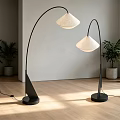 Modern Arched Floor Lamps With White Shades Black Bases Indoor Green Plants Wooden Floor