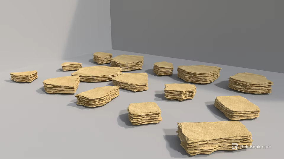 Light Yellow Stone Wood Sheets Neatly Stacked On Gray Background 3d model 