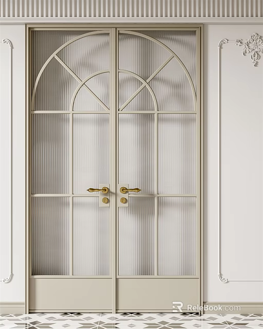 Elegant White Grid Door Featuring Arched Design Gold Handles Ribbed Glass 3d model 