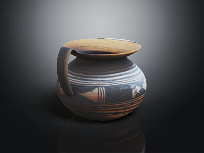 Artisanal Decorative Pottery Jar With Curved Handle And Brown Black Striped Patterns 3d model