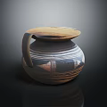 Artisanal Decorative Pottery Jar With Curved Handle And Brown Black Striped Patterns