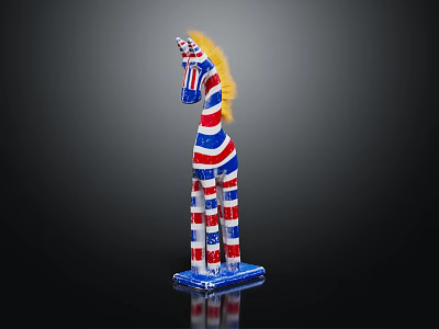 Decorative Zebra Figurine With Blue White Red Stripes And Yellow Mane On Black Background 3d model