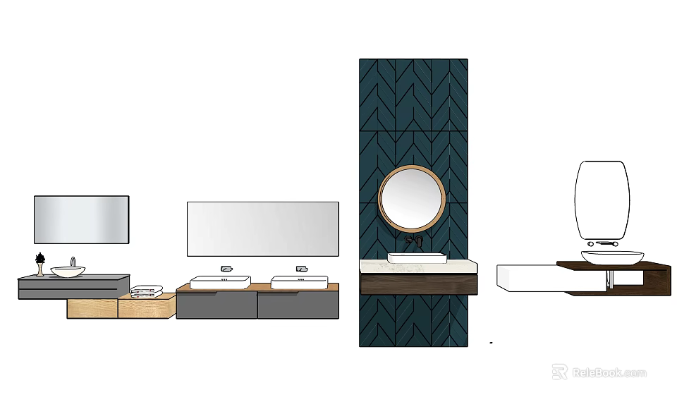 Modern Washbasin Design With Round Mirror Marble Countertop And Dark Patterned Wall 3d model