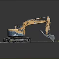 Hyundai Excavator With Yellow Blue Body Tracked Design And Green Plant On Gray Ground