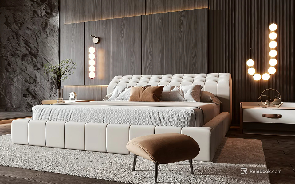 Modern Double Bed With Upholstered Headboard White Wooden Panel Wall Decorative Lights And Brown Ottoman 3d model 