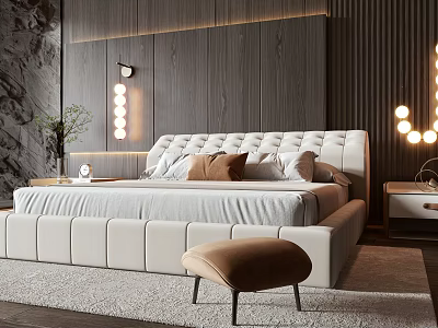Modern Double Bed With Upholstered Headboard White Wooden Panel Wall Decorative Lights And Brown Ottoman 3d model