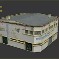Two Story Building With Blue Roof Weathered Walls Green Doors Grid Windows On Market Street