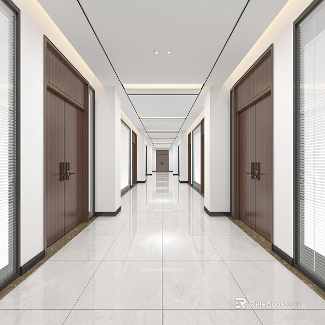 Modern Office Corridor With White Walls Brown Wooden Doors And White Marble Floor 3d model 
