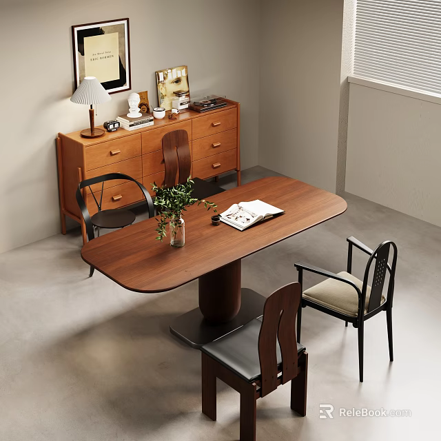 Modern Wooden Dining Table Set With Chairs Sideboard Vase Plants And Magazine 3d model 