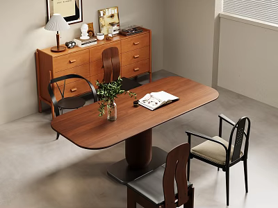Modern Wooden Dining Table Set With Chairs Sideboard Vase Plants And Magazine 3d model